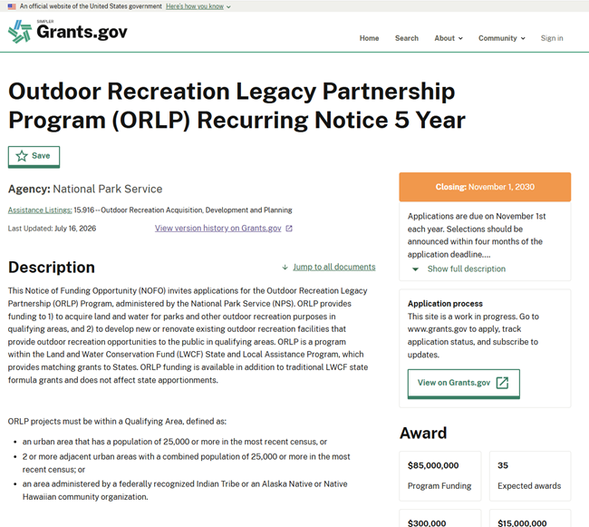 The Grants.gov webpage for the Outdoor Recreation Legacy Partnership's Notice of Funding Opportunity