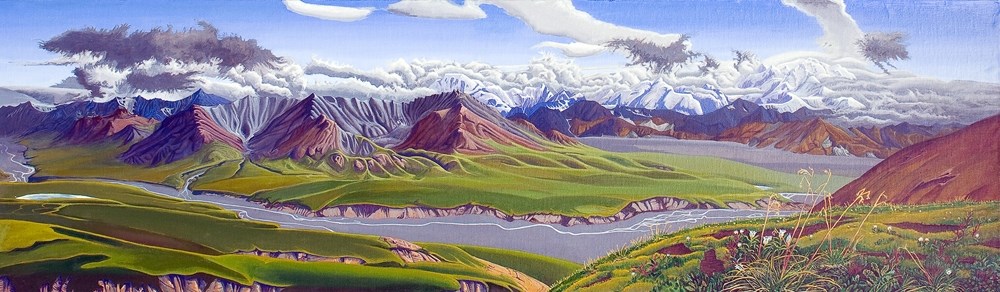 Painting of mountains with river and green slopes in foreground and clouds and snow-capped peaks in the background.