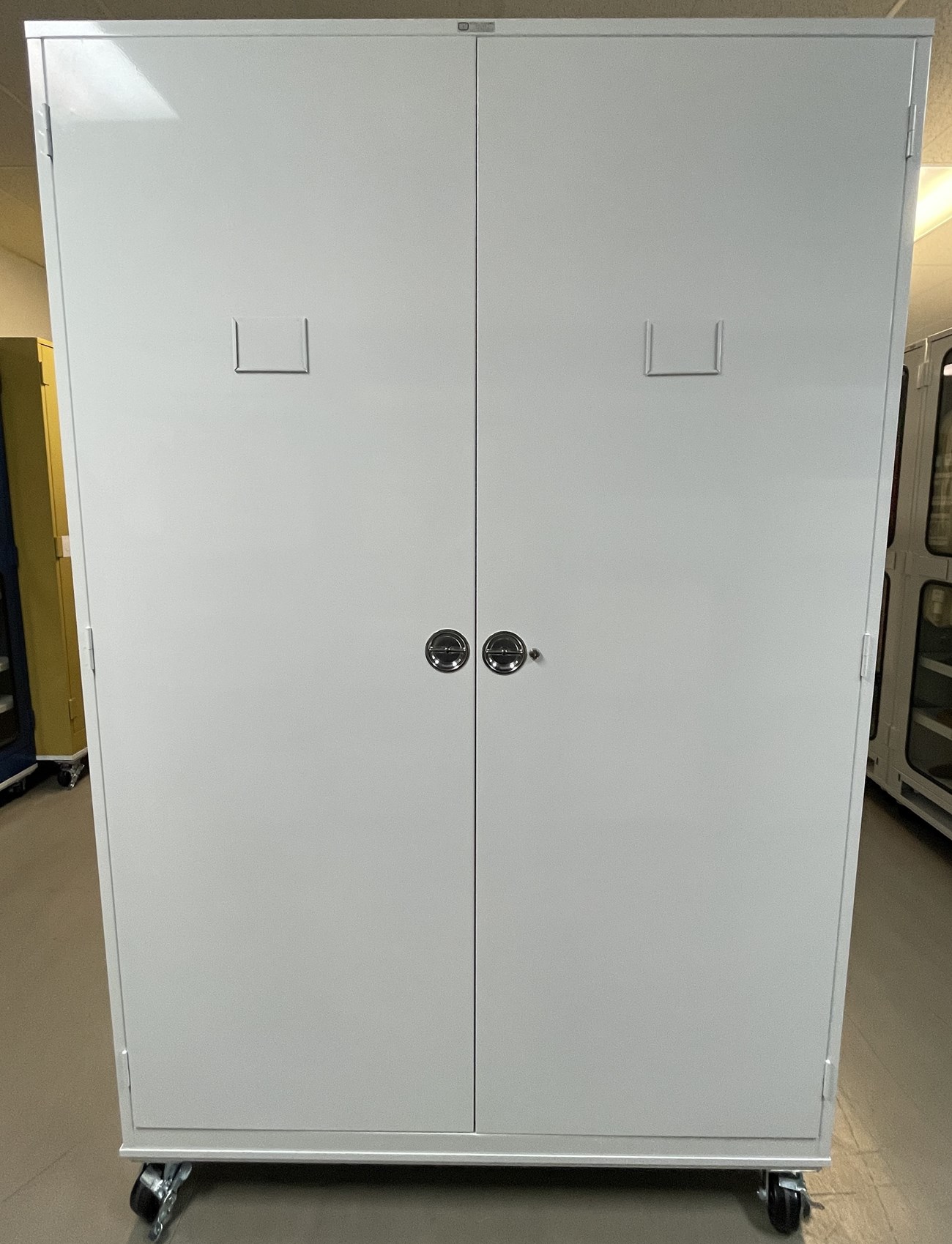 Image of a white museum cabinet with two doors.