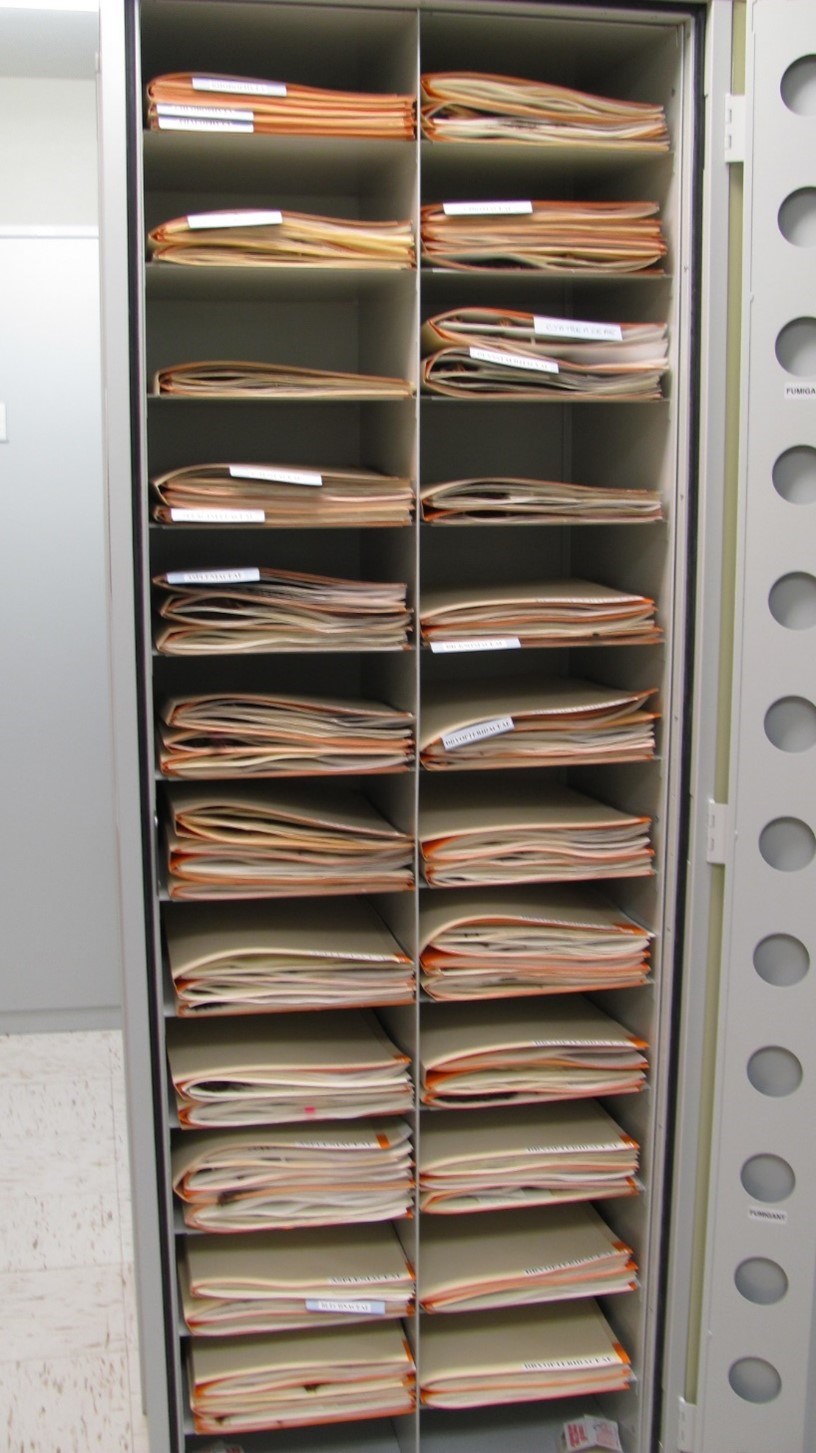 A metal cabinet with 20 shelved compartments holding folders with plant specimens.