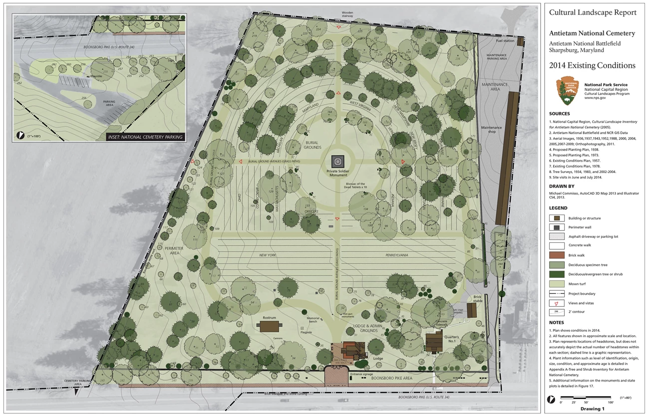 2014 Existing Conditions map, Antietam National Cemetery Site plan drawing shows features of Antietam National Cemetery in 2014, with trees, monuments, topography, paths, structures, views, and burial areas.