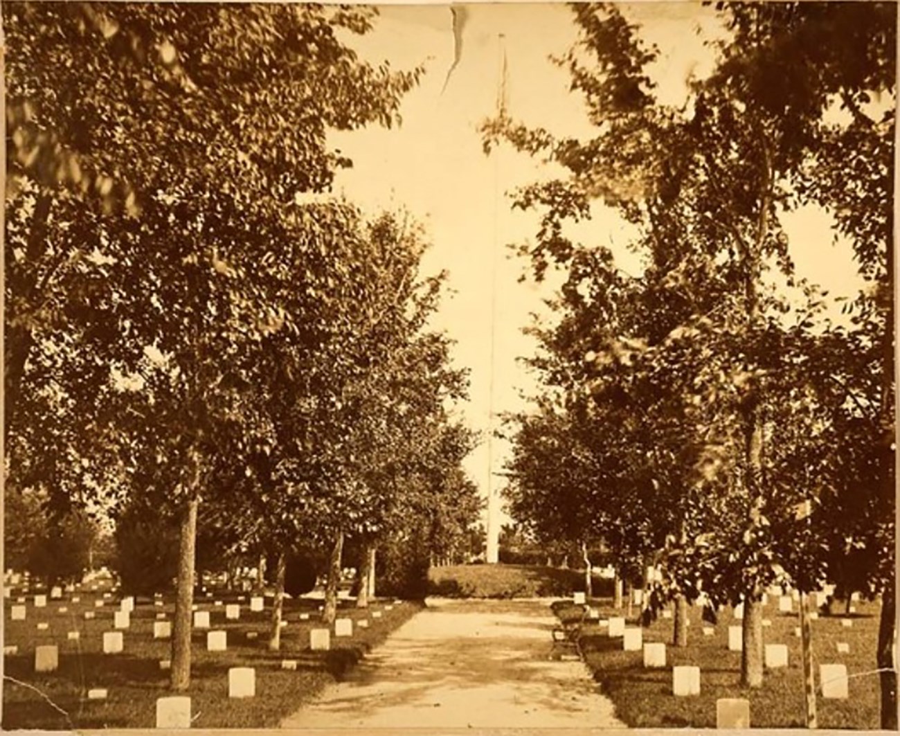 A tall flagpole stands on a mound at the end of a gravel walkway, with a bench on the right side. To the left and right of the path, leafy trees shade rows of white headstones.