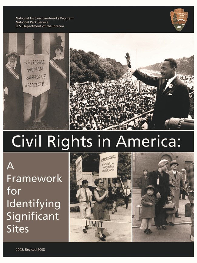 Four images representing civil rights. Suffragists holding a banner for National Woman Suffrage Association; MLK waving to crowd on National Mall; picketers holding signs promoting LGBTQ rights; and an Asian American family standing outside with luggage.