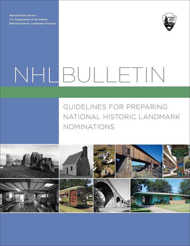 Cover of the NHL Bulletin with the title, the NP arrowhead and a collage of nine images of National Historic Landmarks.