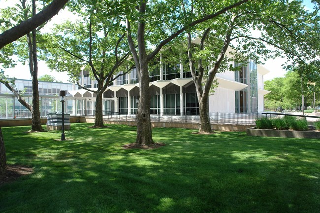 north and west elevations of McGregor Memorial Conference Center looking southwest