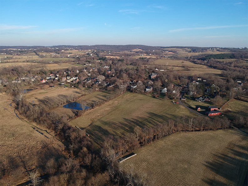 Aerial view of Waterford Historic District showing houses in a rural area