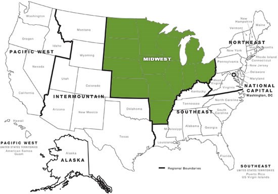 nps region map with midwest region highlighted