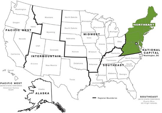 nps regional map with northeast highlighted