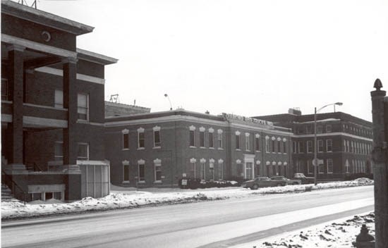 the west facades of the Clubhouse, the 1905 Factory, and the Engineering Building in 1977