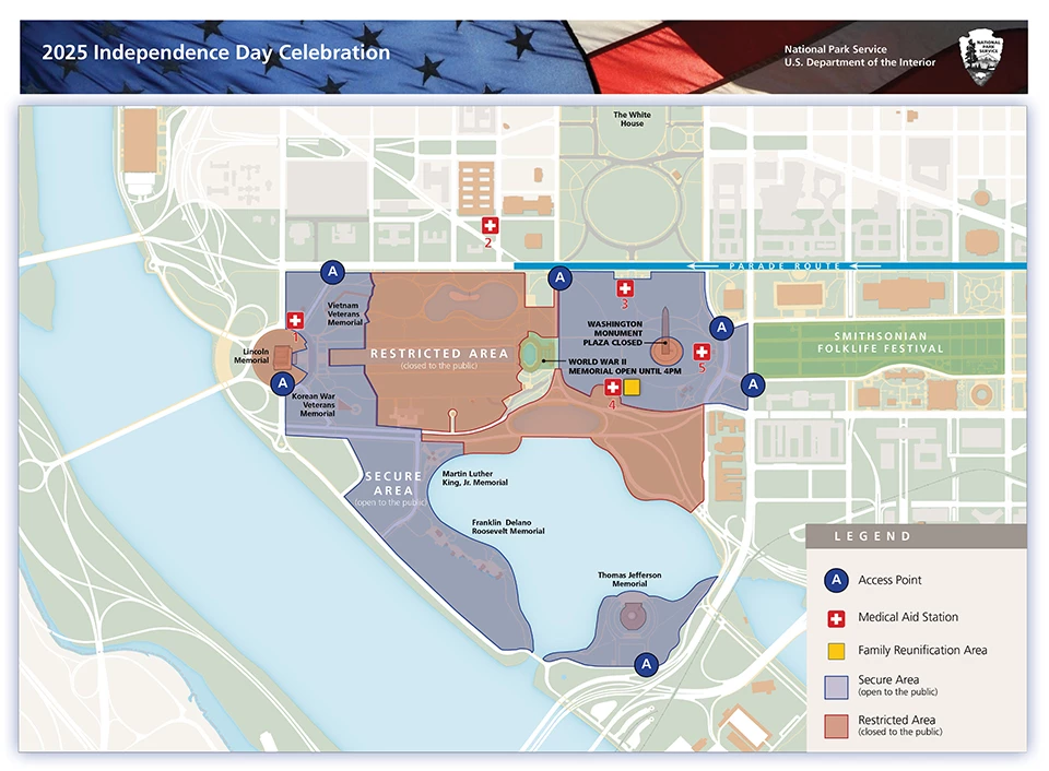 Map of visitor services areas for Fourth of July celebration