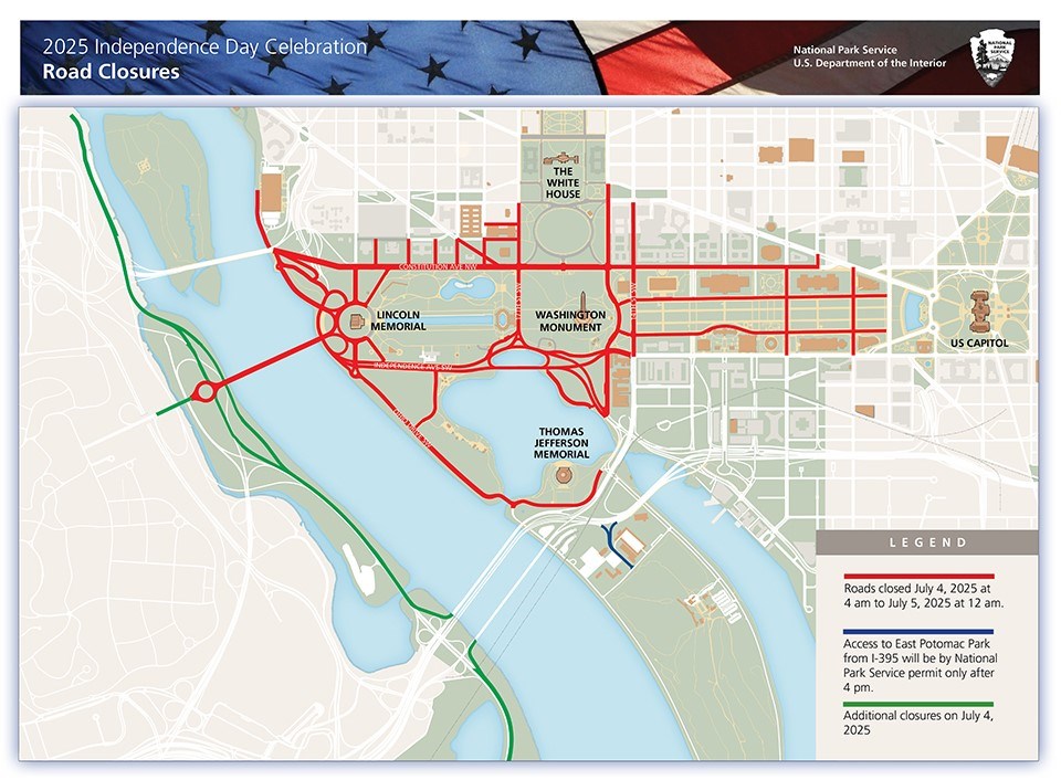 Map showing closed roads on July 4