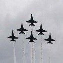 Flyover square small Six fighter jets in formation
