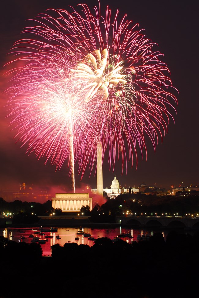 Fireworks over the National Mall on July 4th.