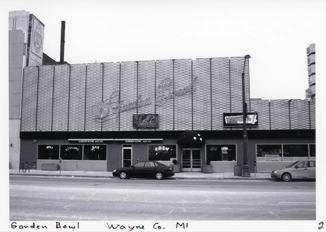 Bowling Alley storefront with Marquee reading "Garden Bowl"