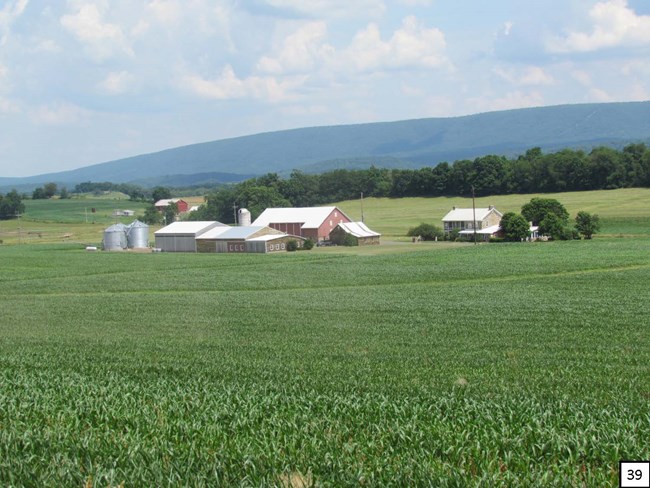Wide area with farm buildings centered