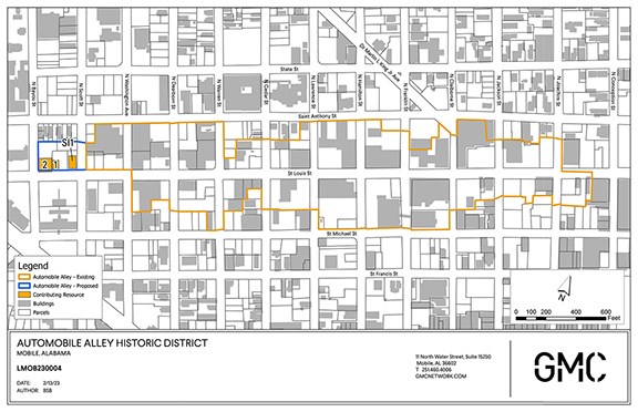 Map of the Automobile Alley Historic District showing an existing and proposed boundary, and contributing resources.