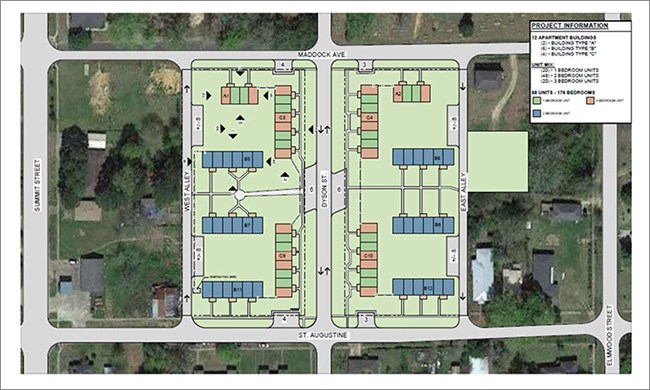 100009940_Burglund Heights Public Housing Project plan Plan drawing of housing showing streets and buildings.