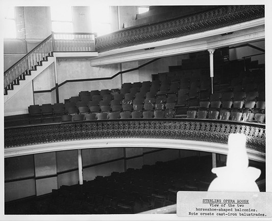 68000040 Sterling Opera House interior Image of theater balcony detailed with elaborate wood molding.