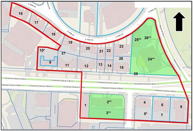East Plaza Apartments Historic District map Map showing buildings, road, parking lots, and district boundary.