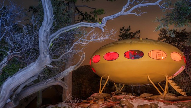 Image of elliptical yellow house, rocks, and vegetation.