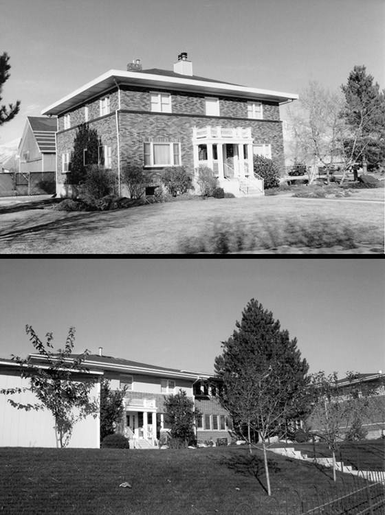 Stratton House-Orem City Hall comp small Two images of the same brick house: top image shows original condition, bottom image shows original building with large additions and refinished facade.