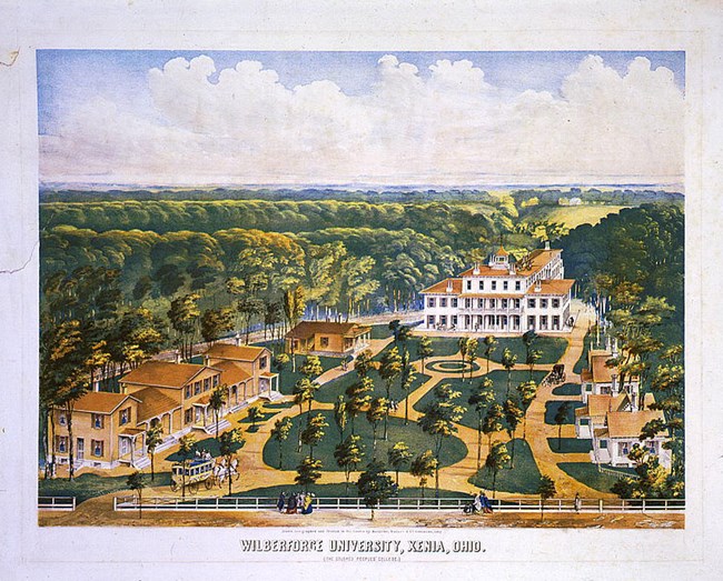 Color lithograph of birds-eye view of Wilberforce University