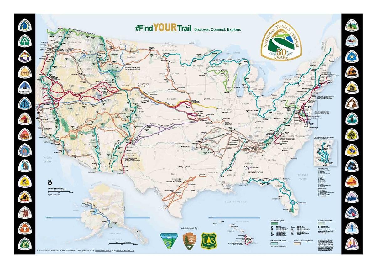 Map showing the 30 National Scenic and Historic Trail with each trail logo along the border of the map