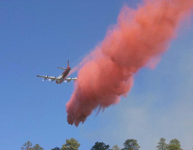 A plane flying away from the camera with a cloud of red dye dropping toward the trees below A plane flying away from the camera with a cloud of red dye dropping toward the trees below