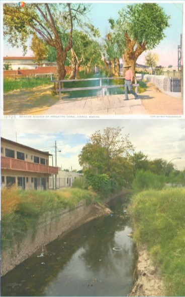 Top: Early postcard of the Acequia Madre. Bottom: 2017 view of the Acequia Madre