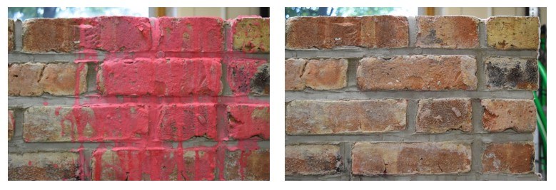 Comparison of a brick wall before and after cleaning to remove Phos-Chek MVP-Fx Two photos of brick walls, the photo on the left has red dye dripping doe the front, the photo on the right is after the dye is cleaned off.
