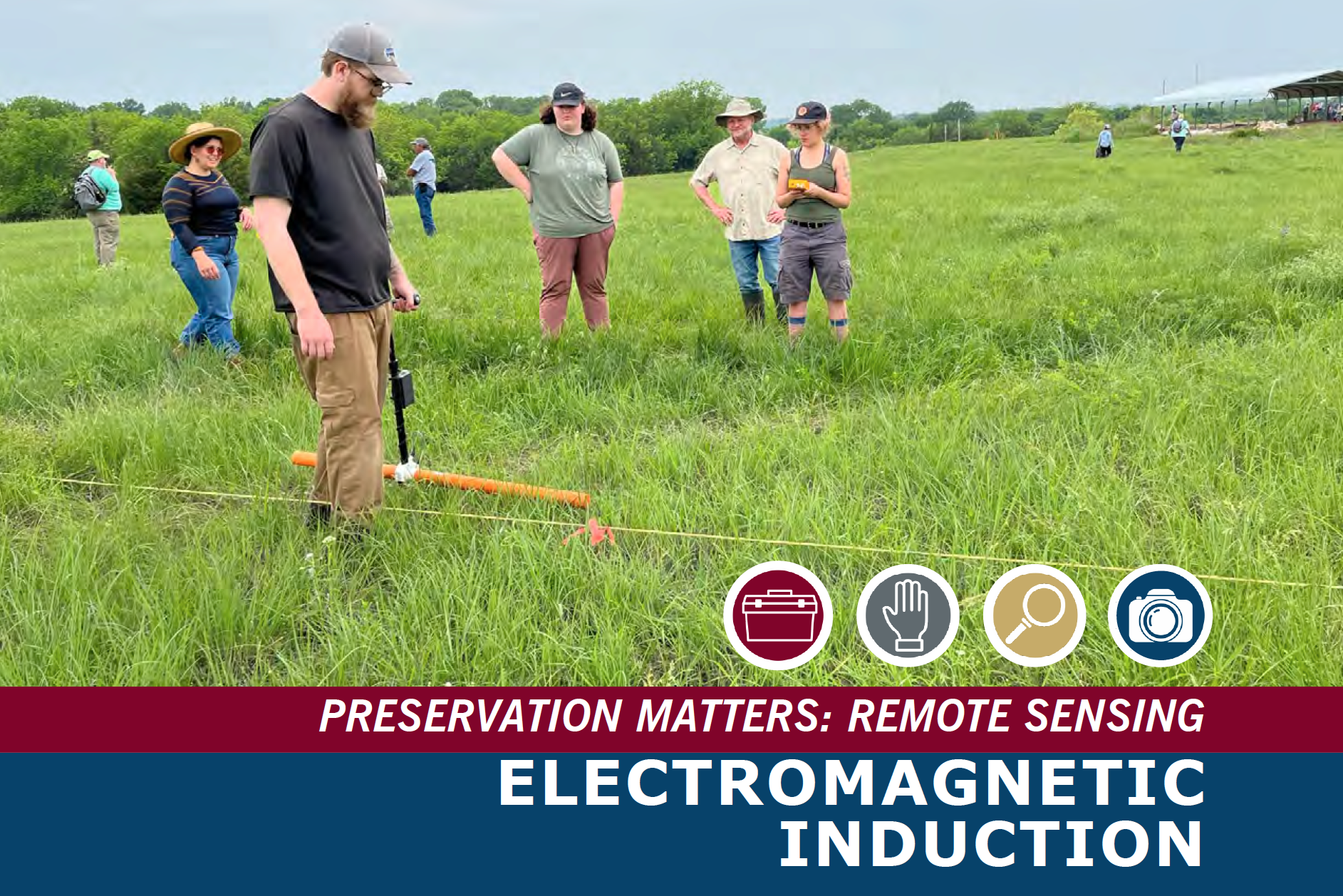Remote sensing using electromagnetic induction. People in a grassy field using equipment