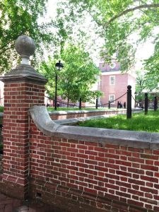 Independence Square walls, brick with water table, bluestone cap, and pillars with bluestone orb finial from 1915 design.
