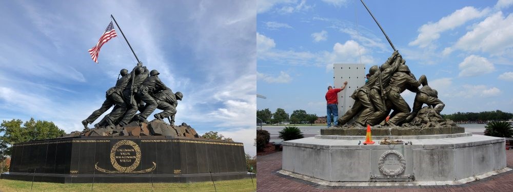 Two images same statue: Five soldiers struggle to raise an American flag and pole. Left in good condition; right weathered.