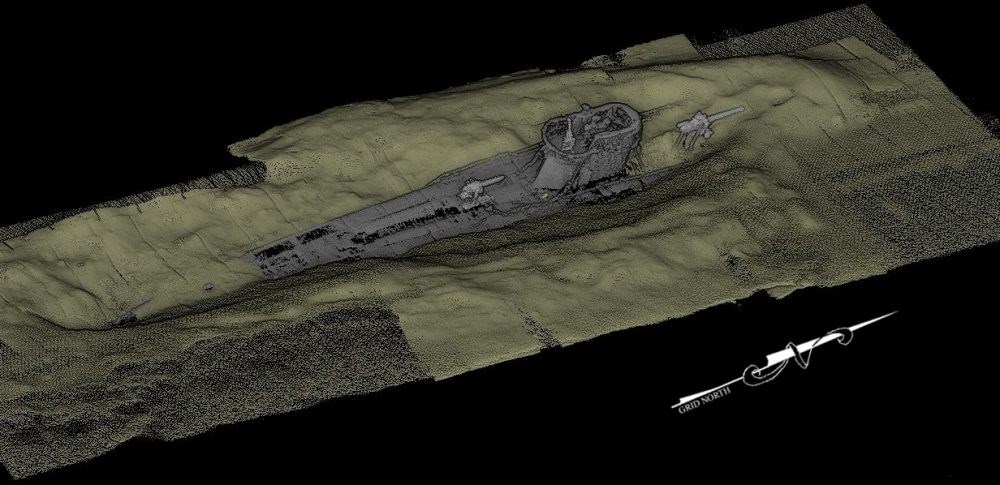 U-166 a Type IXC U-boat of Nazi Germany's Kriegsmarine Computer generated image gray submarine sitting on a tan undulating rectangle.