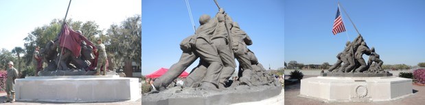 Three images different angles of the same statue restored. Five soldiers struggle to raise an American flag and pole.