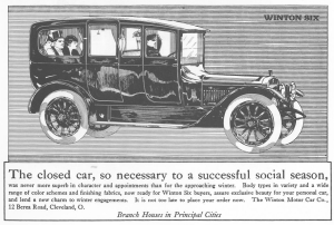 Motorcar Advertisment Illustration a man in a top hat with two women ride in the back of car driven by a man wearing a uniform.