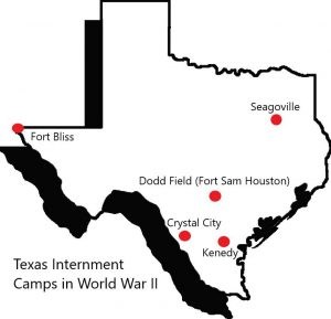 Texas shape with five red dots labeled, Fort Bliss, Seagoville, Dodd Field (Fort Sam Houston), Crystal City, Kenedy.