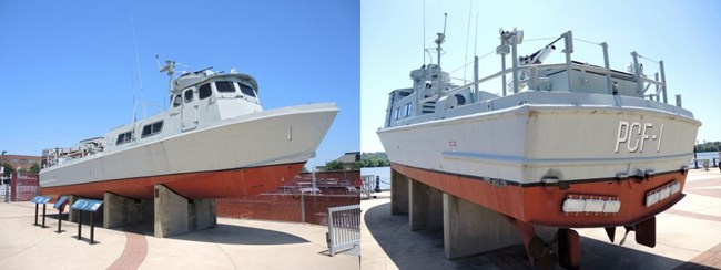 Two images of the front and back of gray patrol boat with a red hull. Text on back reads PCF-1