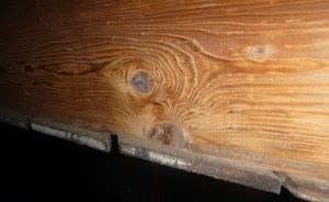 Close-up of a brown wooden beam with grain lines curving around two larger knots and one small knot.