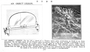 Drawing of the windscreen (left), photograph of window pierced and shattered by a bullet hole