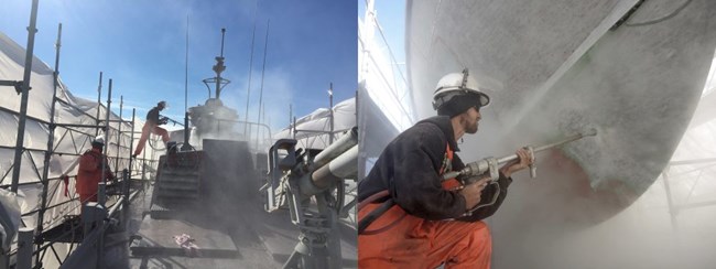 Water jet team Two images: left two men high-pressure cleaning a boat. Right: close-up of man high-pressure cleaning a boat’s hull.