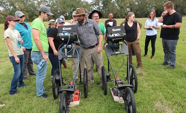 Peter Leach of GSSI teaching students about SIR4000-based UtilityScan GPR systems at the NCPTT Advanced GPR Training workshop at the Marksville State Historic Site in 2018.