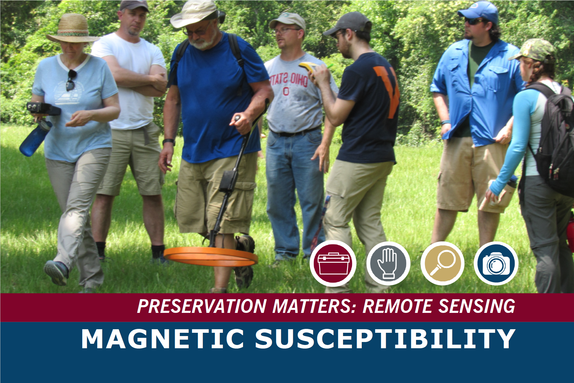 Magnetic susceptibility applied to the landscape. People move through a grassy field using a remote sensing device.