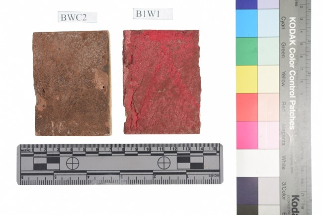 brick samples from NCPTT fire retardant study Two rectangular brick samples next to each other, one is brown and one is red due to dye. The bricks are over a ruler.