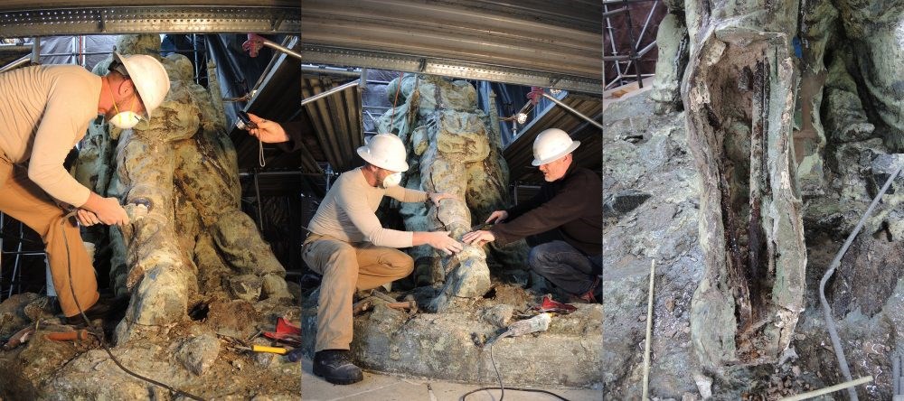 Three images: First two- two men in hard hats using tools on a statue. Third exposed rebar inside statue.
