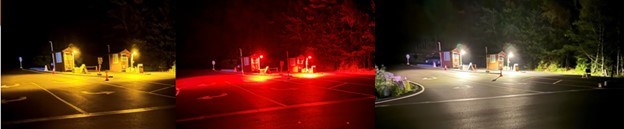 ACAD lighting study three photos of amber, red, and white lights at night at Acadia National Park entrance station