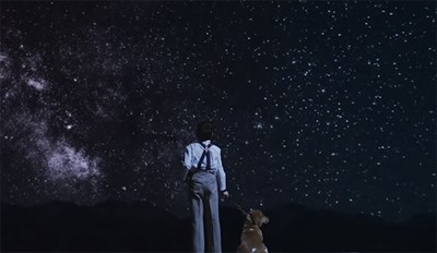 lt= Boy stands with dog under starry night