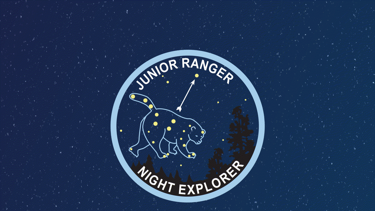 a cartoon gif of the junior ranger night explorer badge with a night sky background with shooting stars and the words Congratulations! You are a star!