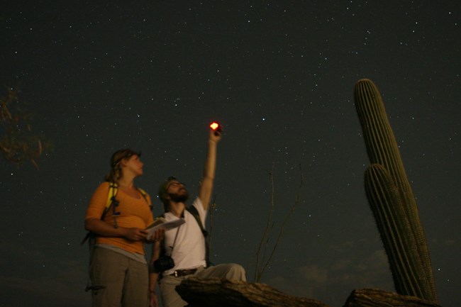 A couple look for celestial phenomena in night sky near Tucson, Arizona.