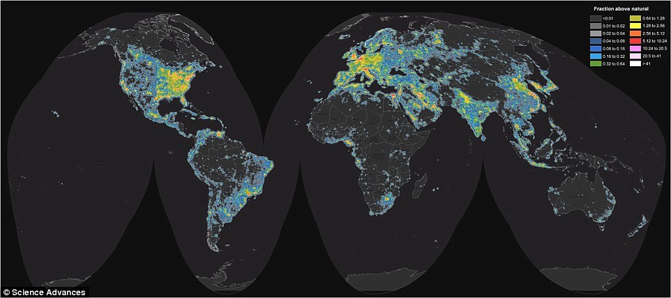 New World Atlas light pollution map shows extent of light pollution across the globe. To view an interactive version of the new global atlas, use this link: https://cires.colorado.edu/artificial-sky Graphic credit: Falchi et al., Science Advances, includi